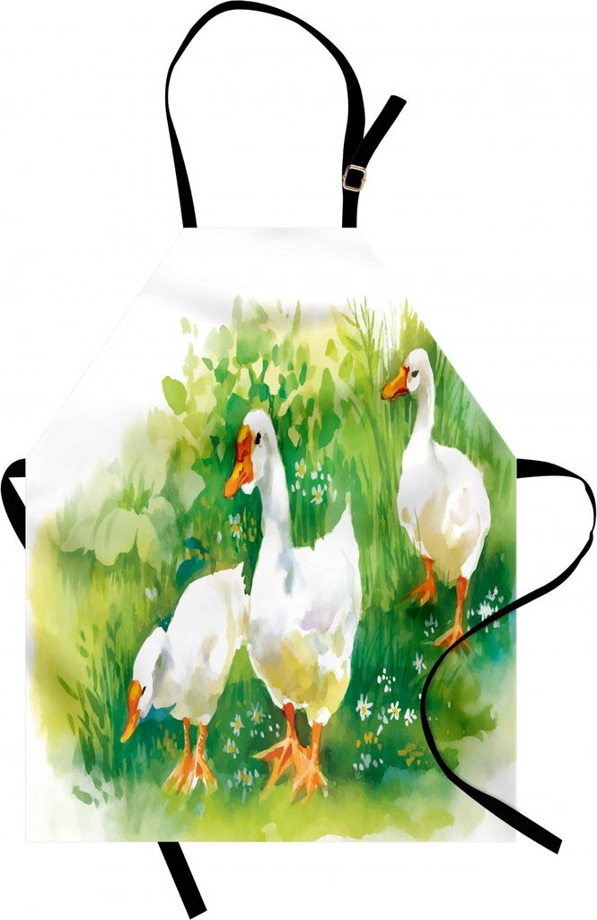 ABAKUHAUS Badeente Kochschürze, Gans in Farm Lake Pflanzen Gras Schilf Blumen Teich Tiere Gänse Federn, Farbfest Höhenverstellbar Waschbar Klare...