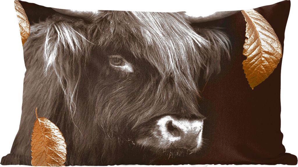 MuchoWow Zierkissen Sofakissen Wohnzimmer Dekokissen 50x30 cm Gold - Schottisches Hochlandrind - Blätter - Wohnzimmerdekoration - Polster mit Photo
