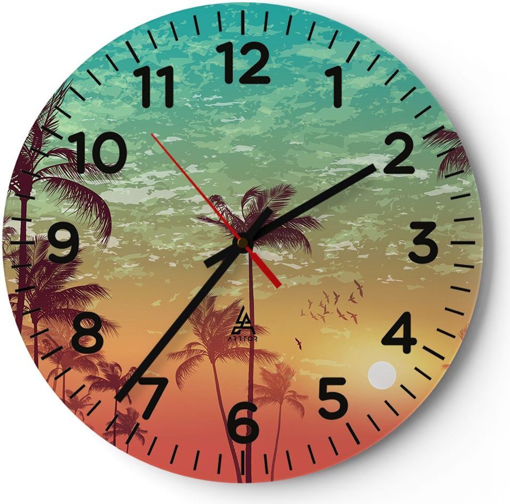 Wanduhr - Rund - Glasuhr - Horizont Küste Kokosnuss Himmel - 40x40cm - Schleichendes Uhrwerk - Lautlos - zum Aufhängen bereit - Dekoration Modern...