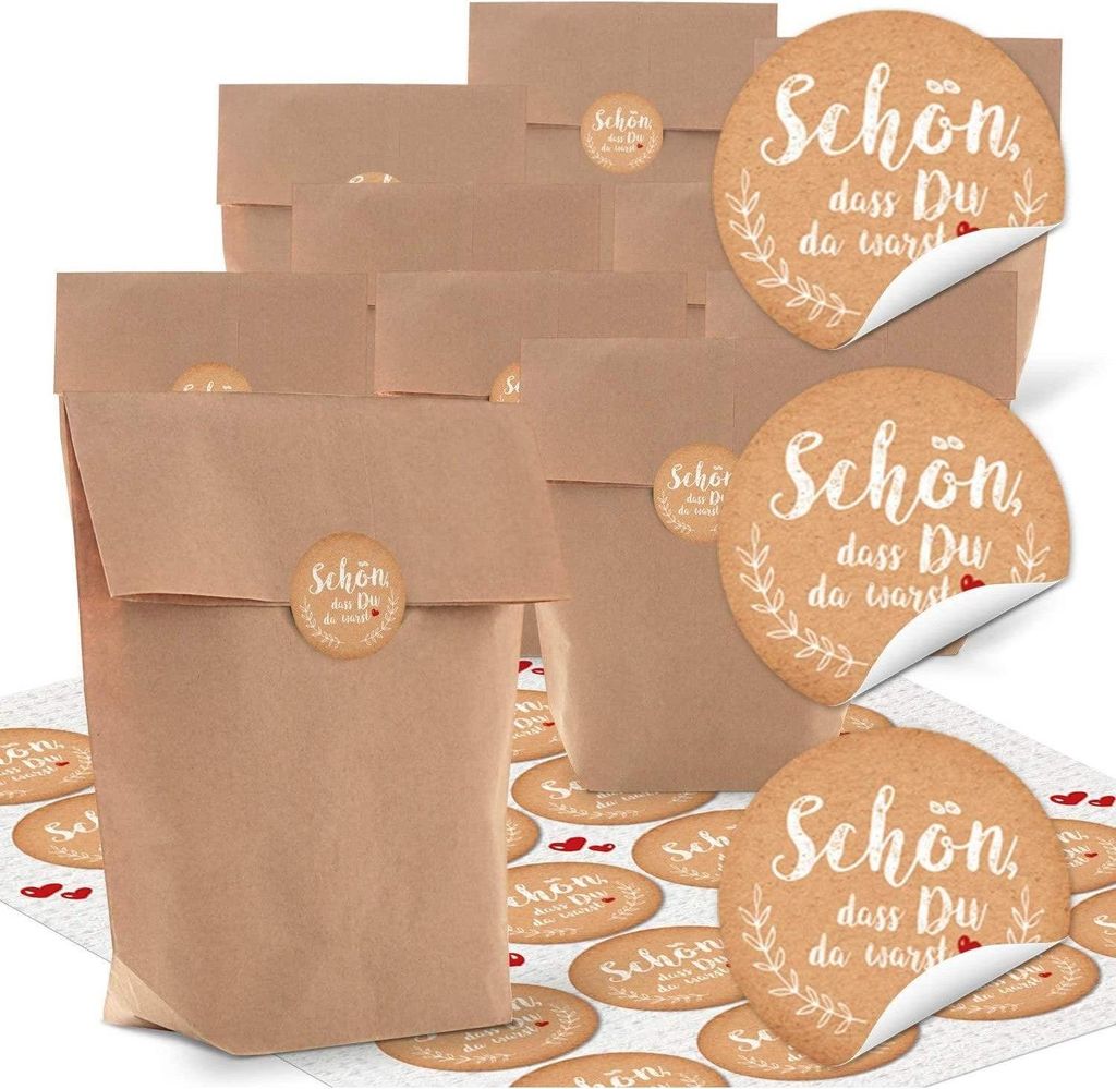 24 kleine Papiertüten braun natur 16,5 x 26 x 6,6 cm + 24 runde Aufkleber schwarz weiß MERCI DANKE französisch Tafel Kreide Verpackung Kraftpapi...