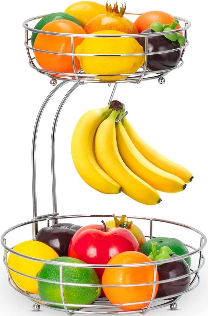 Moderne Obstschale mit 2 Ebenen Bananenhalter - Metall Obstschale für die Küche - Silber Obstdekoration - Gemüseschale mit Trennwand