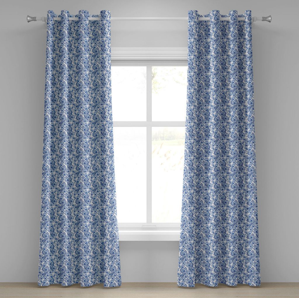 ABAKUHAUS Blau Ösenvorhang, Empfindliches Frühlings-Saison-themenorientiertes Blumenmuster in der traditionellen russischen Gzhel-Art, Dekorative...