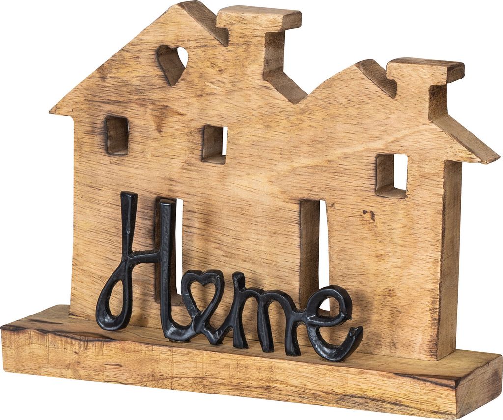 Aufsteller Haus H20cm Home Schwarz Mango Metall Schriftzug Holz Deko Tischdeko
