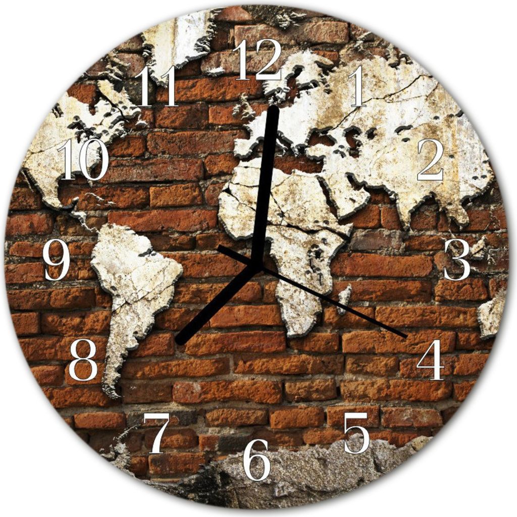 Glasuhr Wanduhr Küchenuhr Echt-Glas 30fi cm Kontinente braun