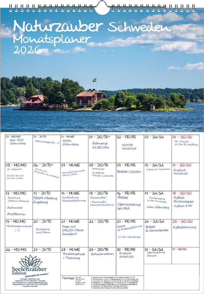 Naturzauber Schweden Planer DIN A3 Kalender für 2026 Natur Reise Land Urlaub - Seelenzauber