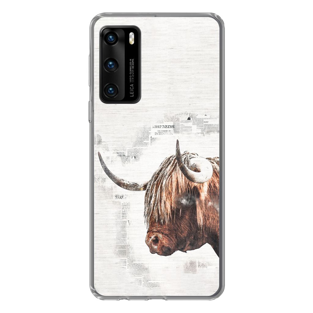 MuchoWow Handyhülle Schutzhülle Hülle für Huawei P40 Scottish Highlander - Tiere - Zeitungspapier Silikon Softcase Handy Hülle - Handytasche