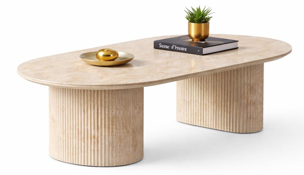 HOOZ Couchtisch oval – inkl. Keramikplatte Traventin-Optik – Säulenfuß Design Halbrund & Rund – Sofatisch 130x70 cm – pflegeleicht & st...