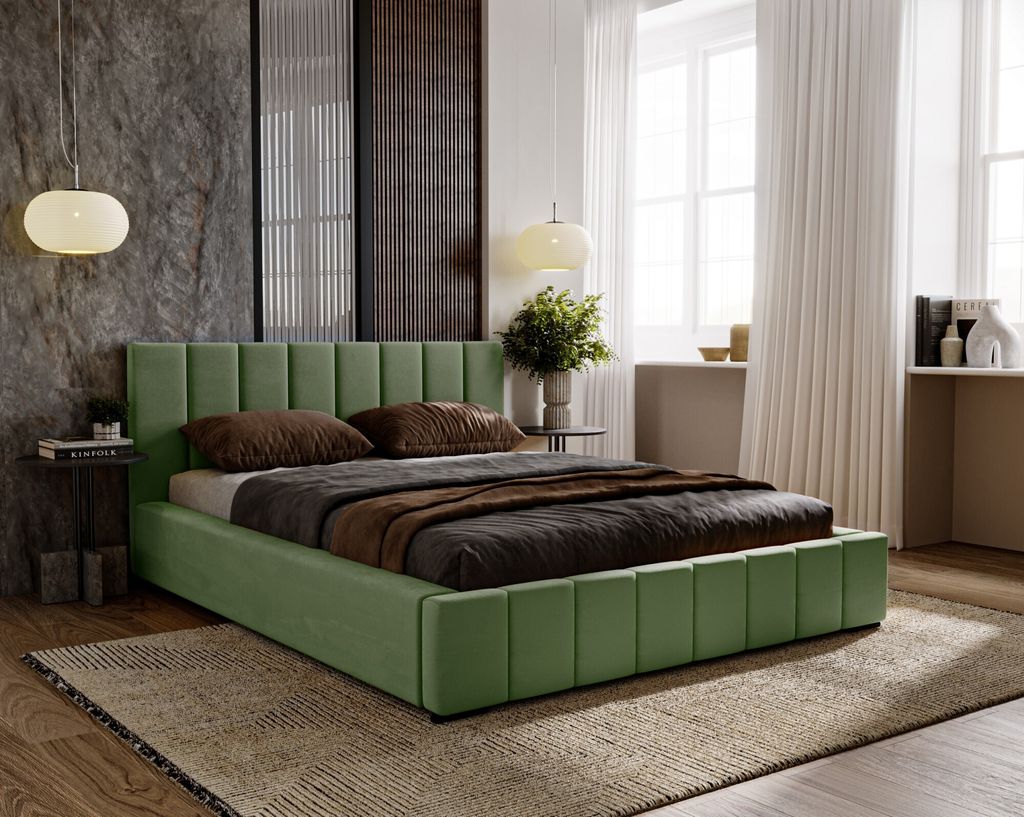 Polsterbett Nero inkl. Schaummatratze SELEKT, 120x200 cm, Doppelbett mit Bettkasten und Lattenrost aus Holz, Velourstoff: Grün