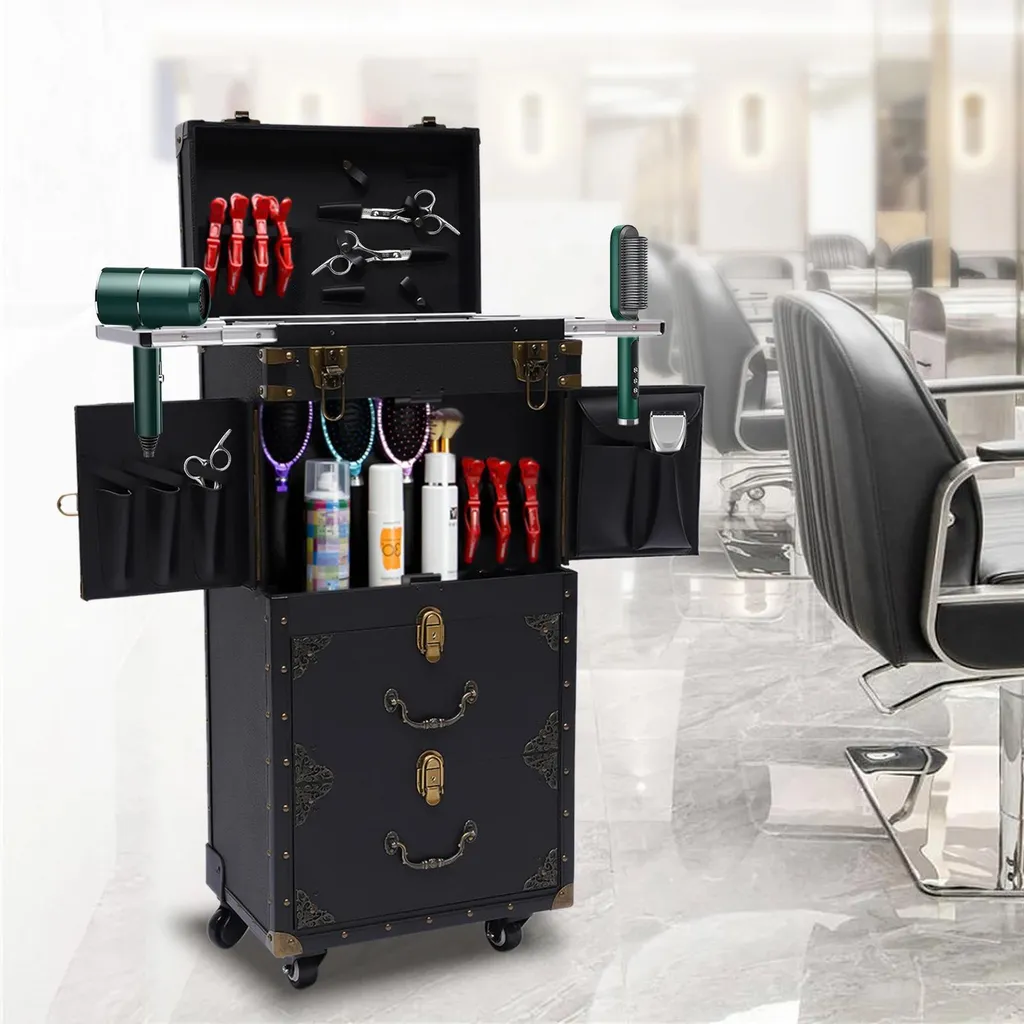 Chariot de coiffeur professionnel mobile avec support sèche-cheveux