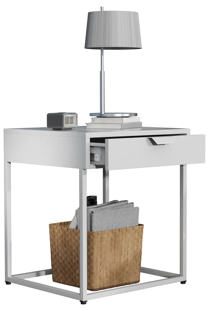 Petite table de chevet pour lit haut, meuble d'appoint métal Flokas S