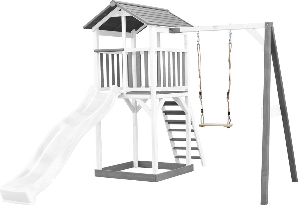 AXI Beach Tower Spielturm aus Holz in Weiß & Grau | Spielhaus für Kinder mit weißer Rutsche, Schaukel und Sandkasten | Stelzenhaus für den Garten