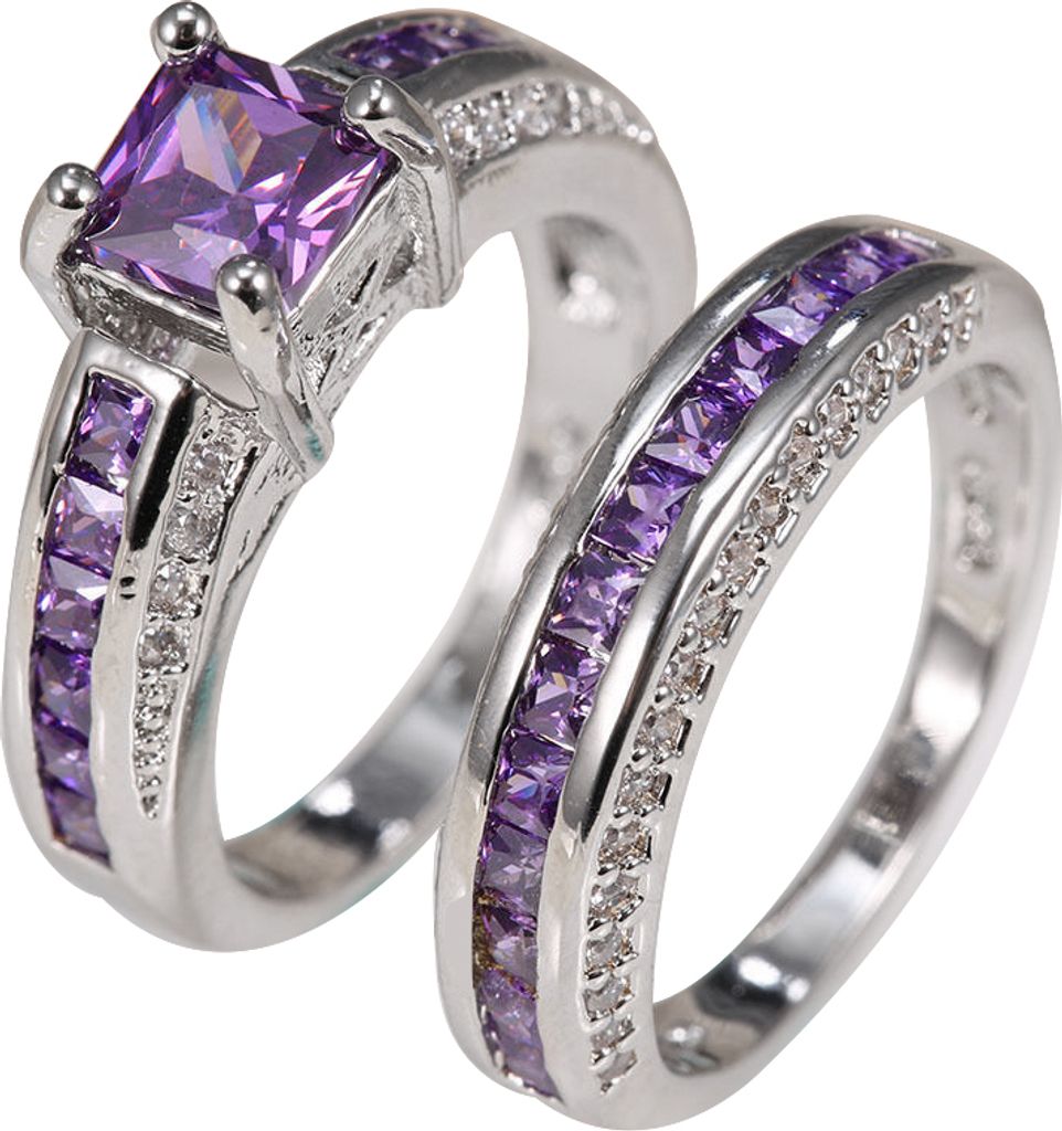 2 Stücke Prinzessin Schmuck Quadrat Faux Amethyst Strass Intarsien Ehering Band-Lila,US 9