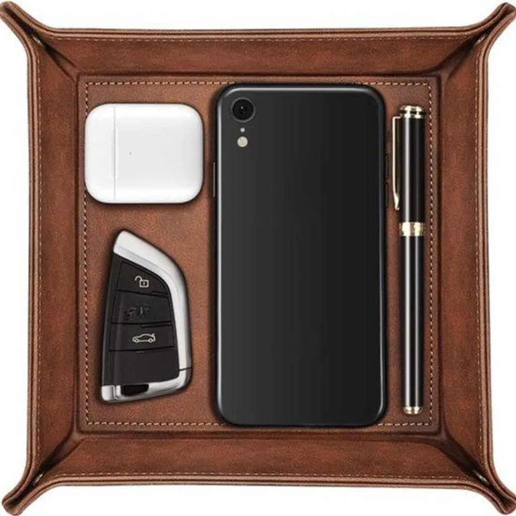Valet de Nuit Organiseur de Bureau pour Montres et Bijoux en Cuir Brun