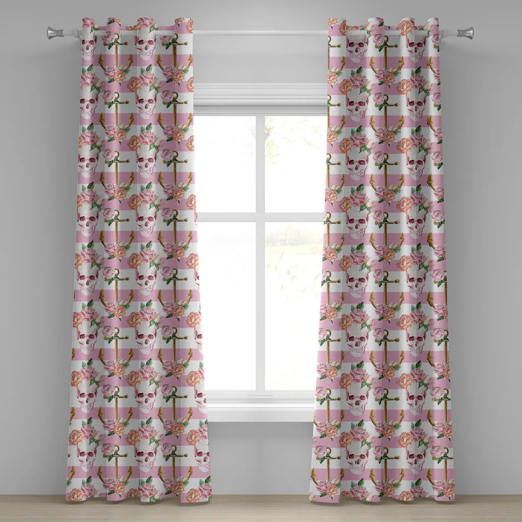 Rideau à œillets nautique ABAKUHAUS crâne et roses 280x175 cm vert