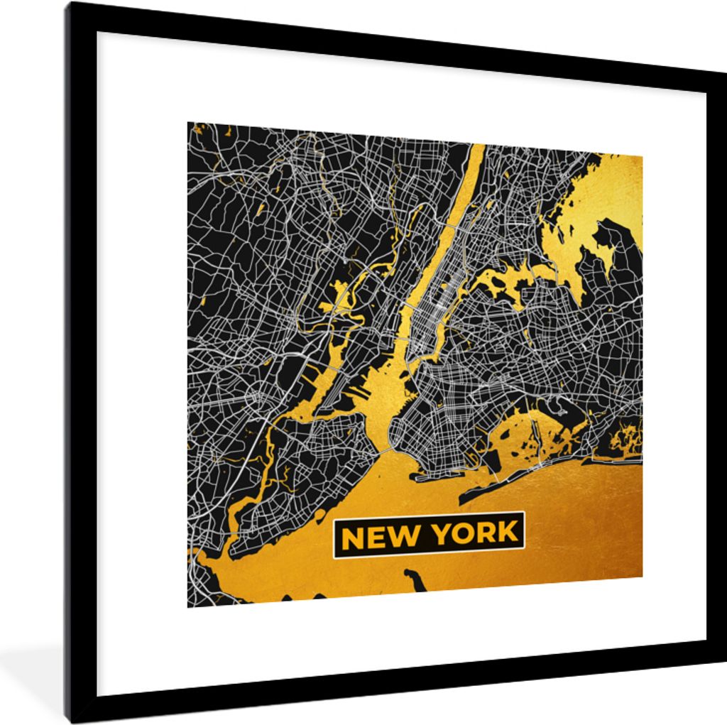MuchoWow Gerahmtes Poster Gold - Stadtplan - New York - Karte 40x40 cm - Poster mit Schwarzem Bilderrahmen Wandposter Rahmen Foto Bilder - Poster...