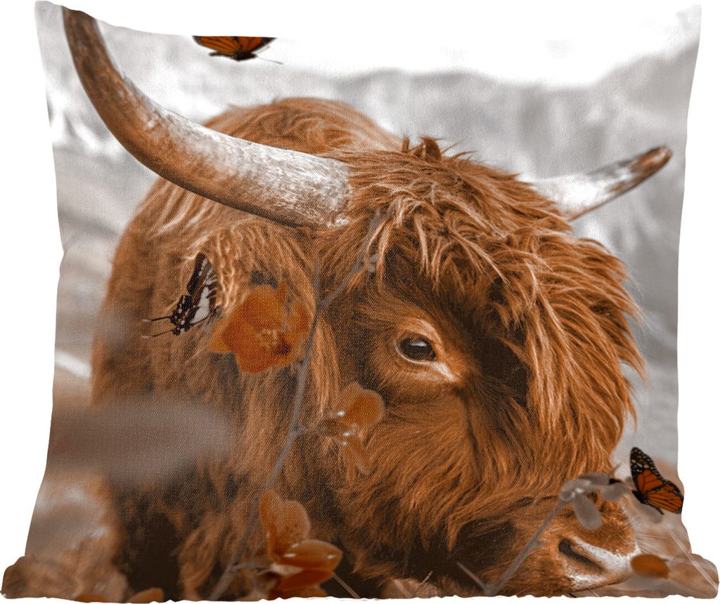 MuchoWow Zierkissen Sofakissen Wohnzimmer Dekokissen 60x60 cm Schottisches Hochlandrind - Schmetterling - Tiere - Sitzfläche - Foto Polster