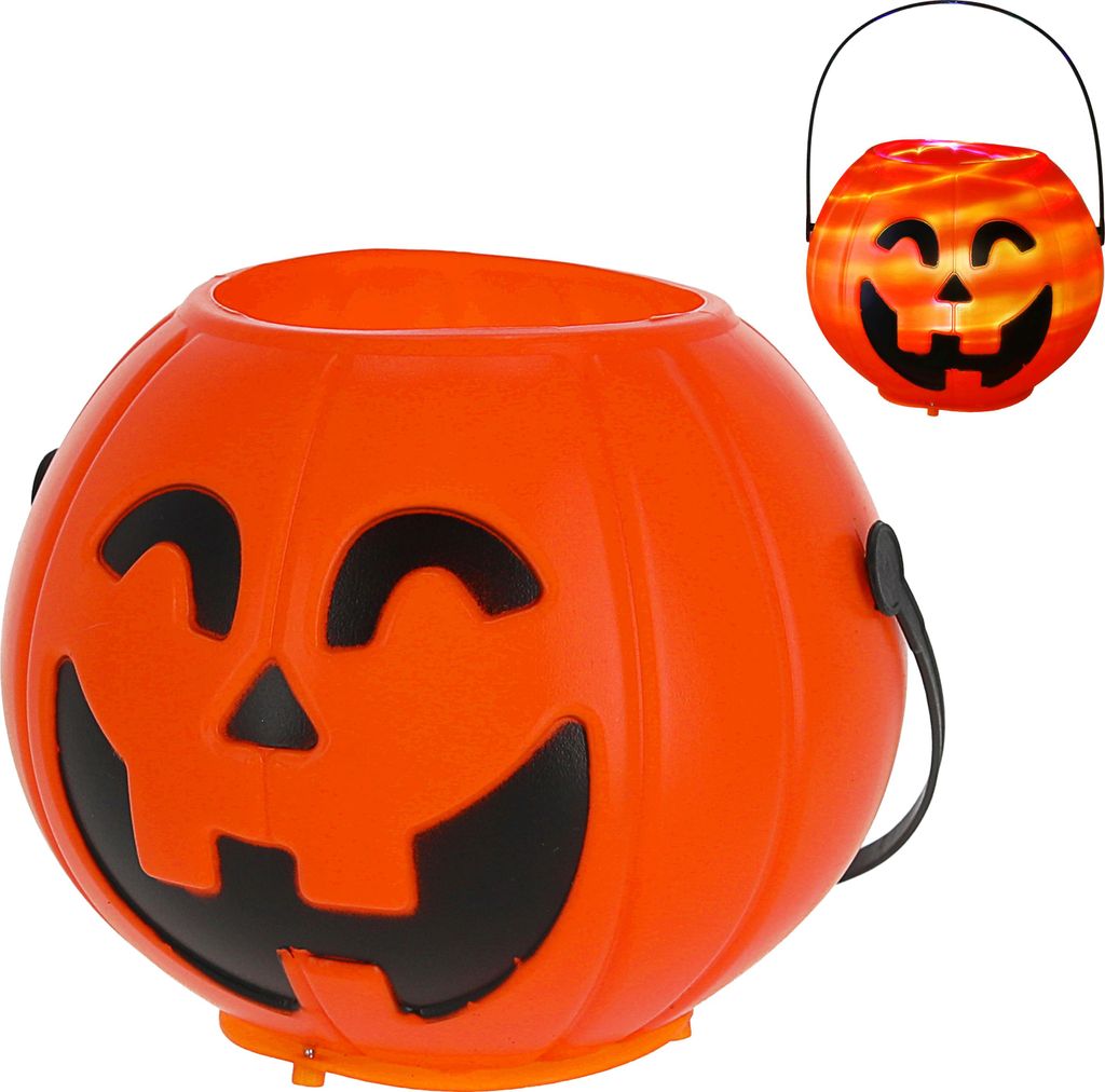 LED Halloween Kürbis 2er Set schwarz orange Kunststoff 16x14cm rotierende LEDs Sound batteriebetrieben mit Henkel Partylampe