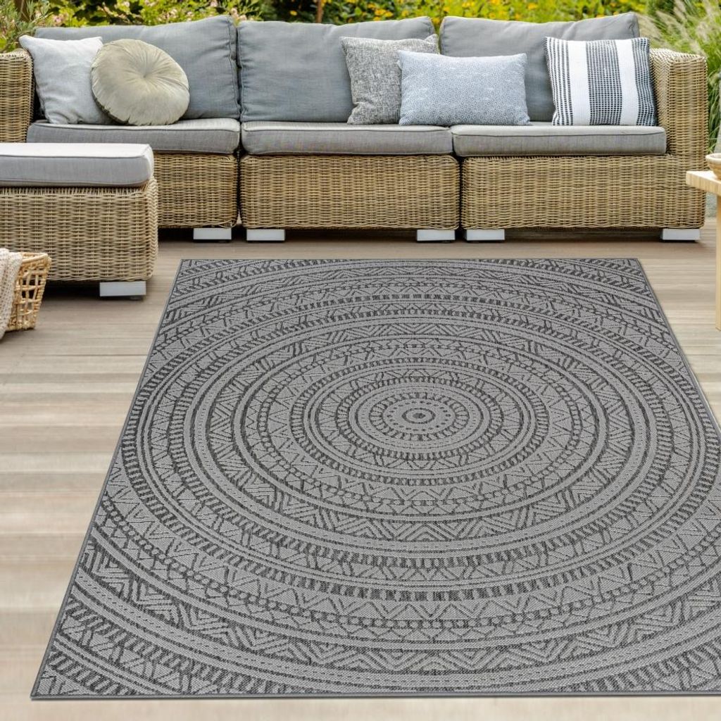 Runder Outdoor-Teppich mit Ethno-Muster – Elegantes Anthrazit und Schwarz, wetterfest und modern Größe - 160 x 220 cm