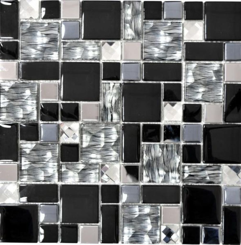 Mosaikfliese Transluzent Edelstahl schwarz Kombination Glasmosaik Crystal Stahl schwarz Glas MOS88-03689_f