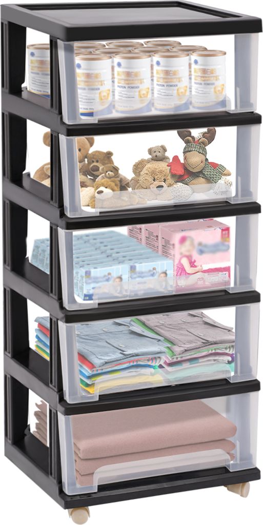 Kunststoff Schubladenschrank mit 5 Schubladen 4 Rädern 40x33x98cm Büro Schubladenwagen (schwarz)