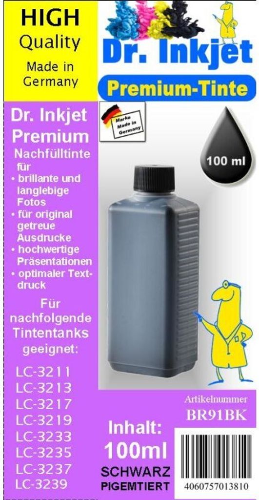 BR91BK - Black - Dr.Inkjet Premium Nachfülltinte kompatibel für Brother, 500 ml Druckerpatronen für LC-421, LC-422 & LC-3211 bis LC-3239