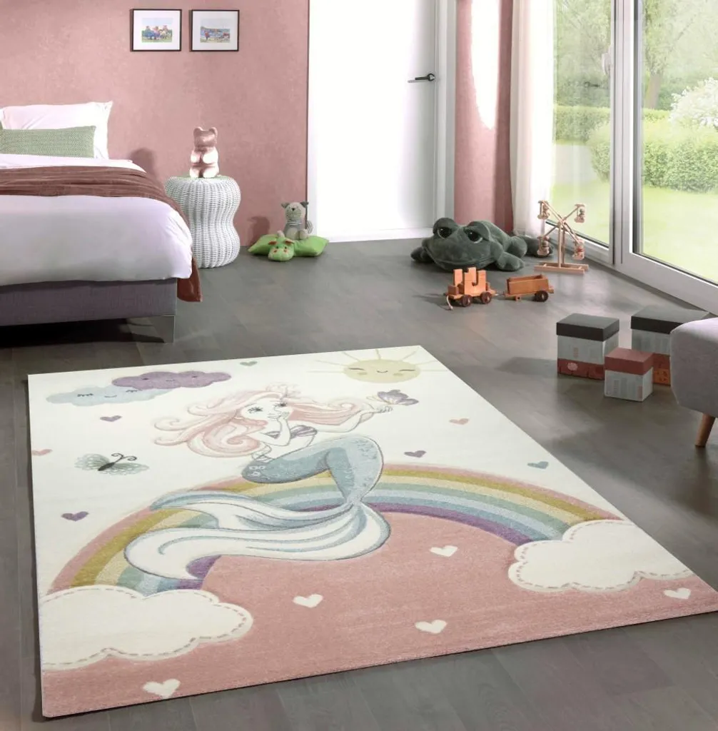 Tapis de Chambre Fille Sirène et Princesse Rose - Déco 80x150 cm