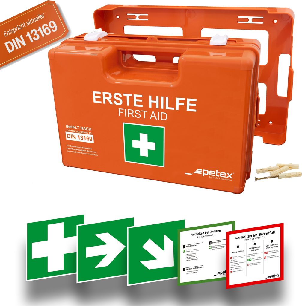 A collage of images showing a first-aid kit and related safety signs.