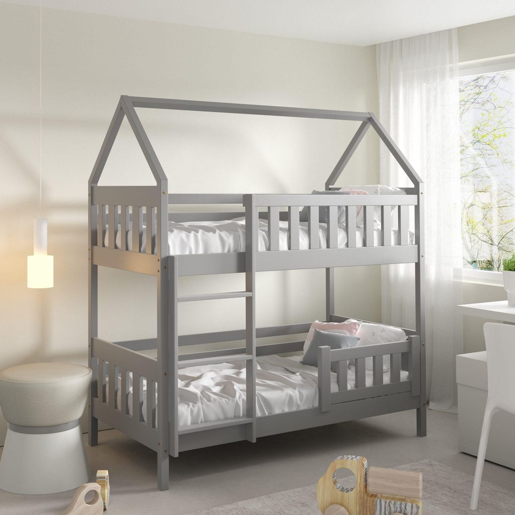 Masseno Etagenbett ELENA 80x190 cm mit Rausfallschutz, Kinderbett mit Leiter für Mädchen und Jungs, Stockbett 2 Kinder, Hausbett für Kinder, Hol...