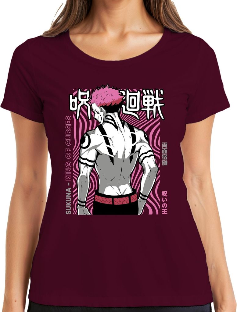 Sukuna Jujutsu Kaisen King of Curses Anime Ästhetik Villain Retro Damen T-Shirt, Burgundy, XXL