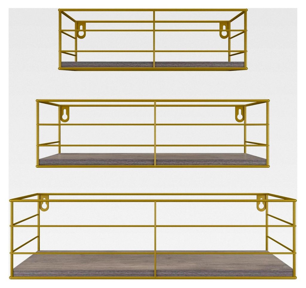 Wandregal 3er Set aus Holz mit goldenen Metallhaltern, geeignet für Küche, Bad, Wohnräume und Büro