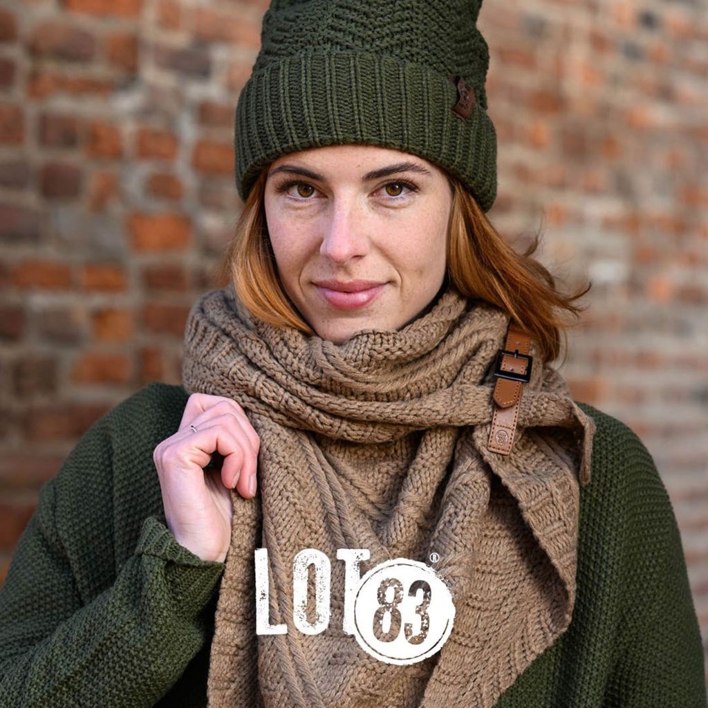 Strickschal 3-eckig TAUPE BRAUN Damen Stola Überwurf FLEUR gemustert mit Lederdetail Lot83