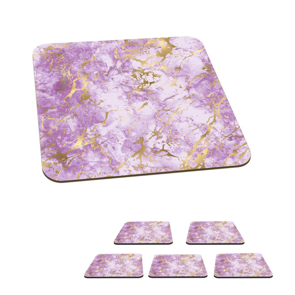 KitchenYeah Glasuntersetzer Quadratisch 6er Set Gold - Marmor - Muster - Lila 10x10 cm Untersetzer für Gläser - Getränkeuntersetzer - Tischpla...