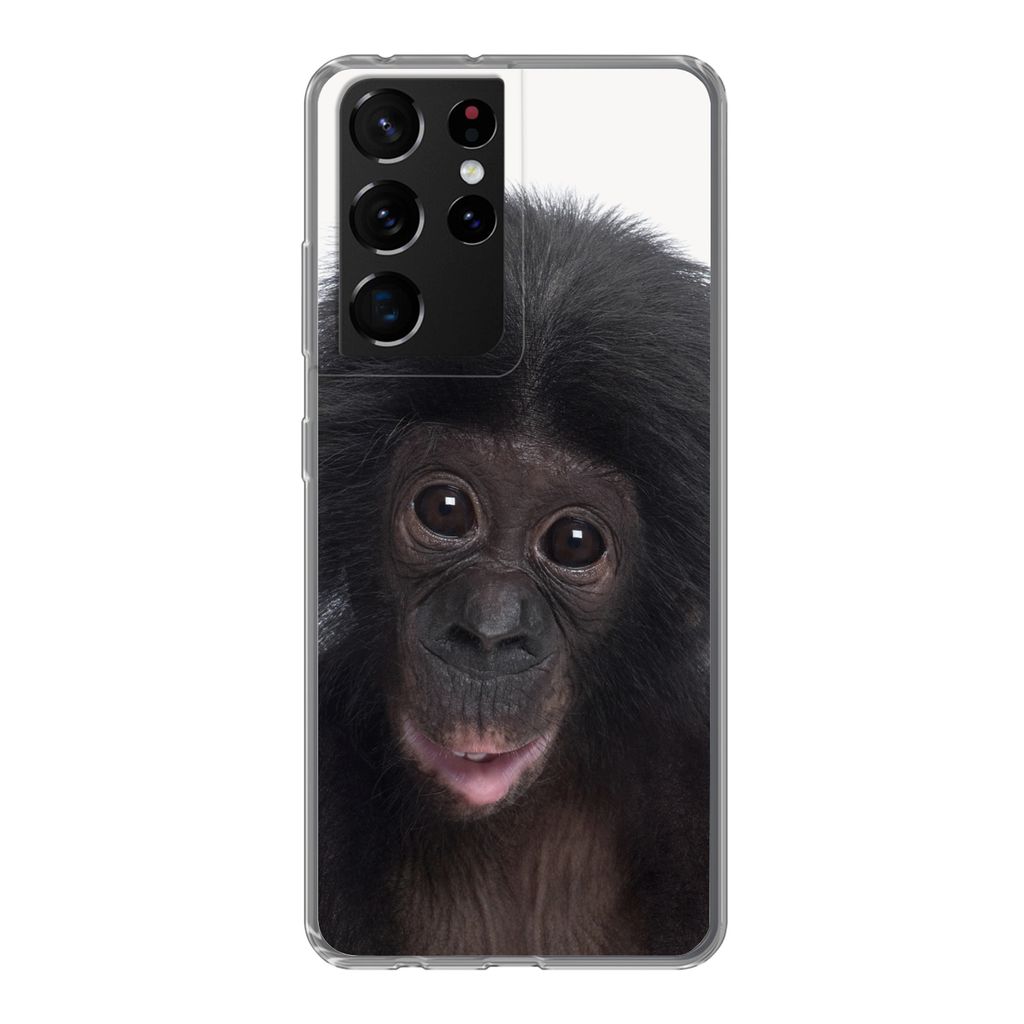 MuchoWow Handyhülle Schutzhülle Hülle für Samsung Galaxy S21 Ultra Affe - Schimpanse - Porträt - Kinder - Jungen - Mädchen Silikon Softcase...