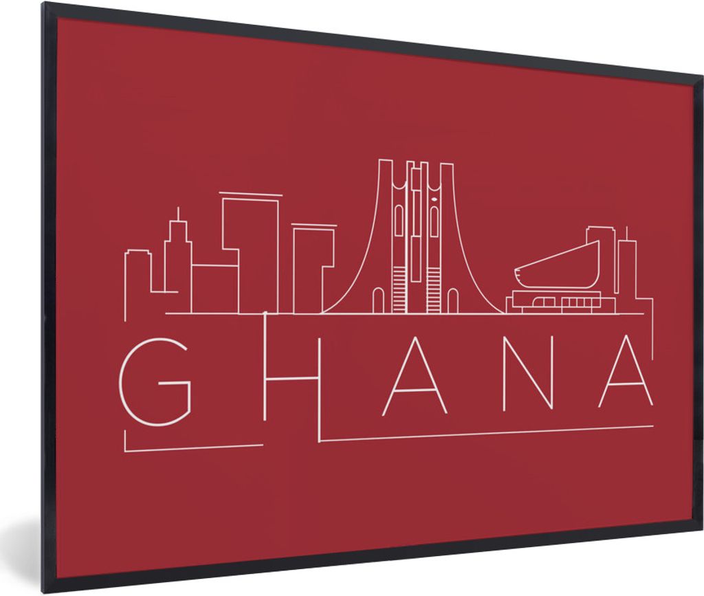 MuchoWow MuchoWow Gerahmtes Poster Skyline "Ghana" auf rotem Hintergrund 90x60 cm - Poster mit zchwarzem Bilderrahmen - Fotorahmen - Foto-Plakat