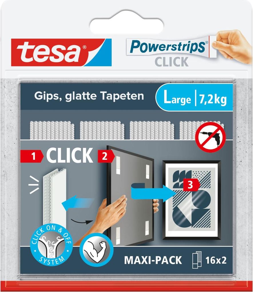 tesa Powerstrips CLICK LARGE 7.2kg selbstkl. Klettband 16x2 Immagine del prodotto 