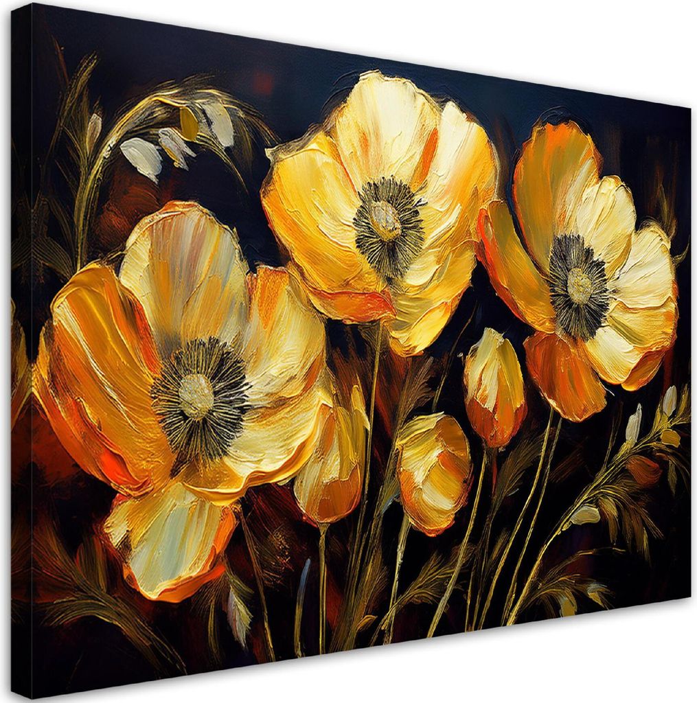Leinwandbild Feld Mohnblumen Blumen Goldener 60x40 Feeby Gold bild für die wand bereit zum aufhängen