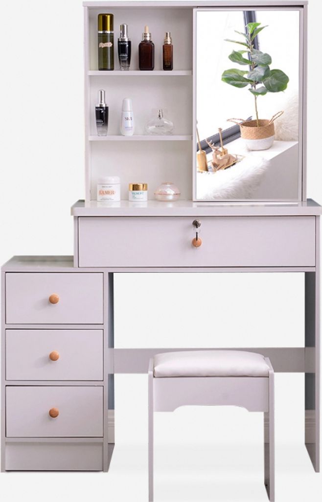 A white vanity table with a sliding mirror, drawers, and a stool, set against a plain white background.