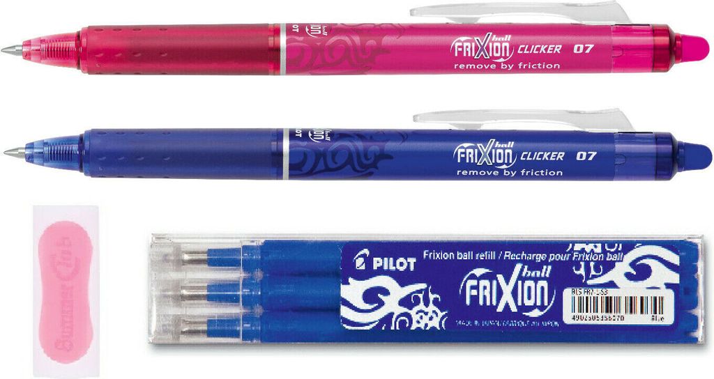 Pilot Frixion Clicker blau und pink + 3 Ersatzminen blau + gratis Radierer pink