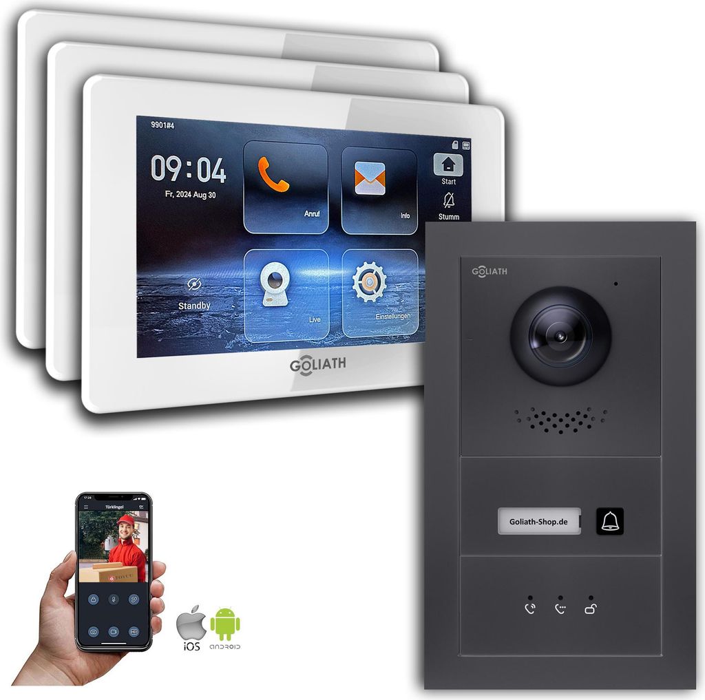 Goliath IP Video Türsprechanlage mit Kamera 7-Zoll Anthrazit : Aufputzdose : 7 Zoll in Weiß : 3 Monitore Anzahl: 3 Monitore Farbe: 7 Zoll in Wei...