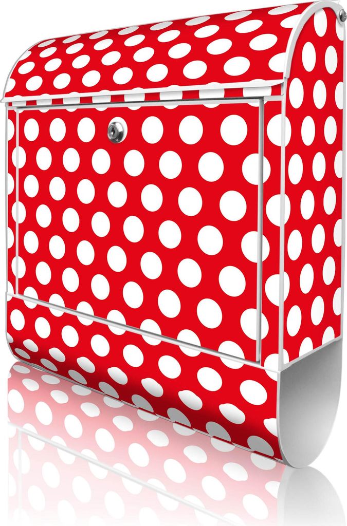 banjado Design Briefkasten Stahl weiß mit Zeitungsfach pulverbeschichtet "Punkte Rot" 38x46x12,5cm & 2 Schlüssel - Postkasten A4 Einwurf inkl. Mo...