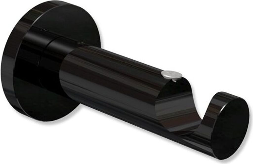 A black curtain rod bracket is shown against a white background.