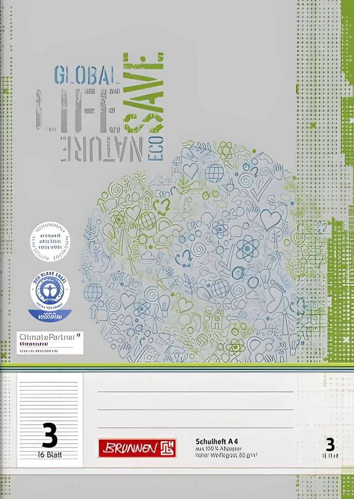 BRUNNEN Schulheft A4 Lineatur 3 16 Blatt Recyclingpapier Produktbild 