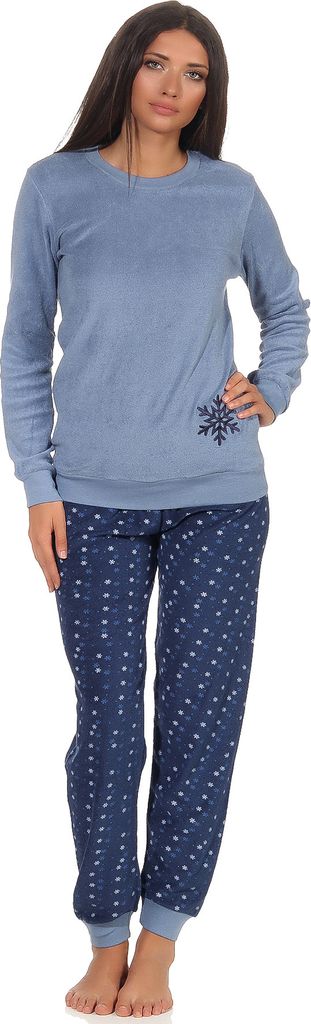 Damen Frottee Pyjama Schlafanzug mit Bündchen - Eiskristall Motiv - 291 201 13 900 ; blau , 48