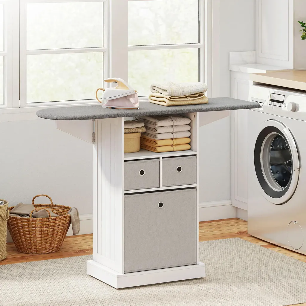 Station de repassage pliable L - Table avec 3 tiroirs et roulettes 121cm