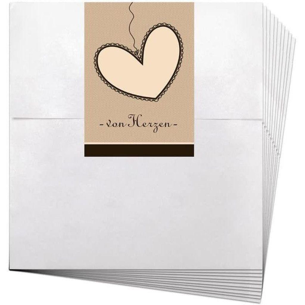 10 weiße Geschenktüten Papiertüten Flachbeutel 13 x 18 + 2 cm Lasche mit Aufkleber beige braun schwarzes Herz VON HERZEN vintage für Weihnachts...