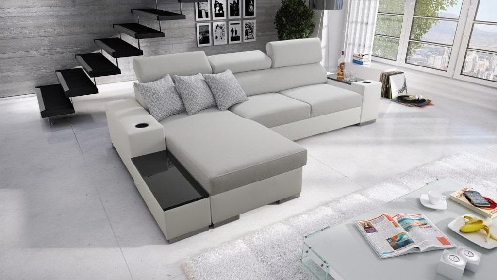 Ecksofa mit Schlaffunktion Eckcouch PERS I MINI Sofa (Grau LUXO 6601 + weißes Kunstleder, Links)