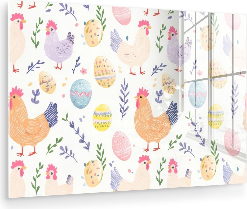 MuchoWow Glasbilder - Bilder auf Wandbild - Foto auf Glas Muster - Huhn - Ostereier 90x60 cm Wanddekoration aus Glas - Acrylglasbild - Acrylbilder ...