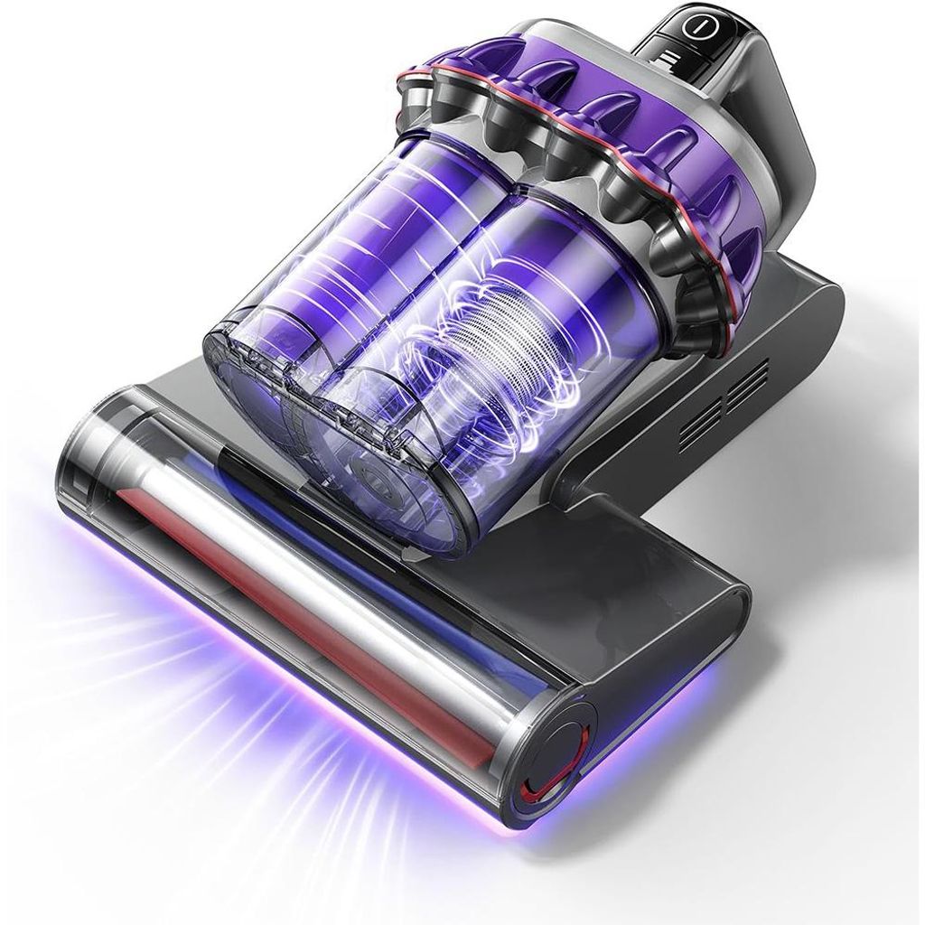 A close-up, angled view of a cordless vacuum cleaner head with its dustbin and brush roll visible, set against a white background.