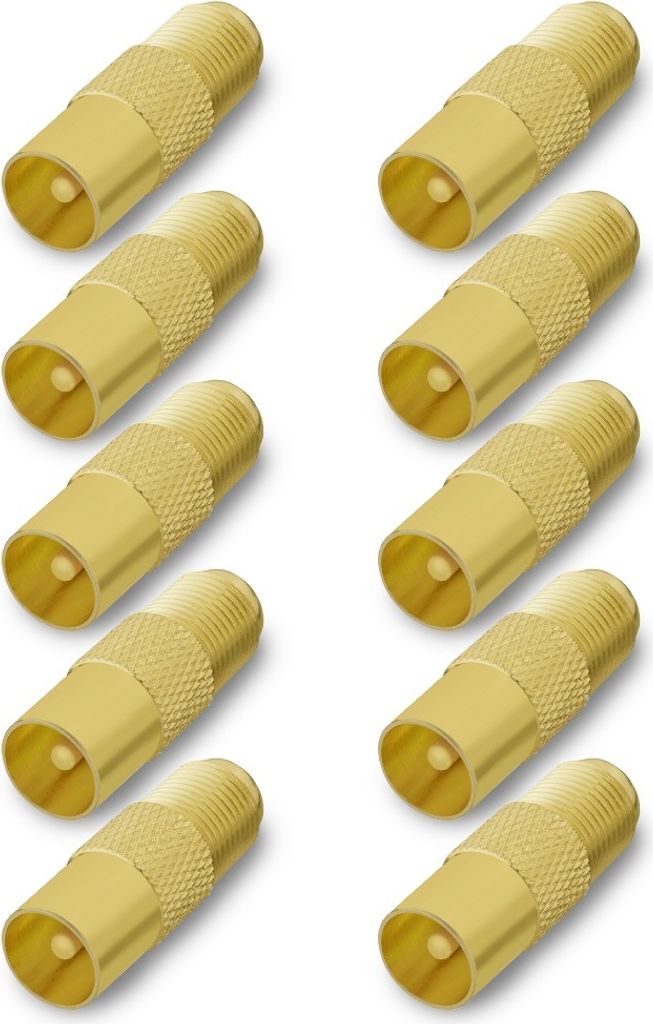 ARLI 10x TV Adapter vergoldet IEC 9,5 mm – Koax Adapter von F-Kupplung auf Antennenstecker für DVB-T2 DVB-C SAT TV