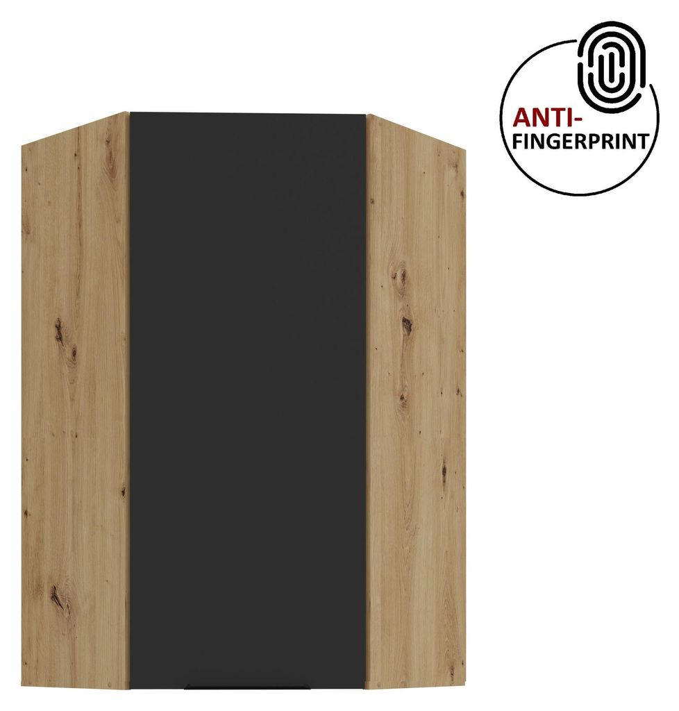 Küchen Eckhängeschrank 60x60 cm - Höhe 90 cm Küche ARIA Schwarz ultra matt + Eiche Artisan matt, hochwertige Fronten mit Anti Fingerprint Besch...